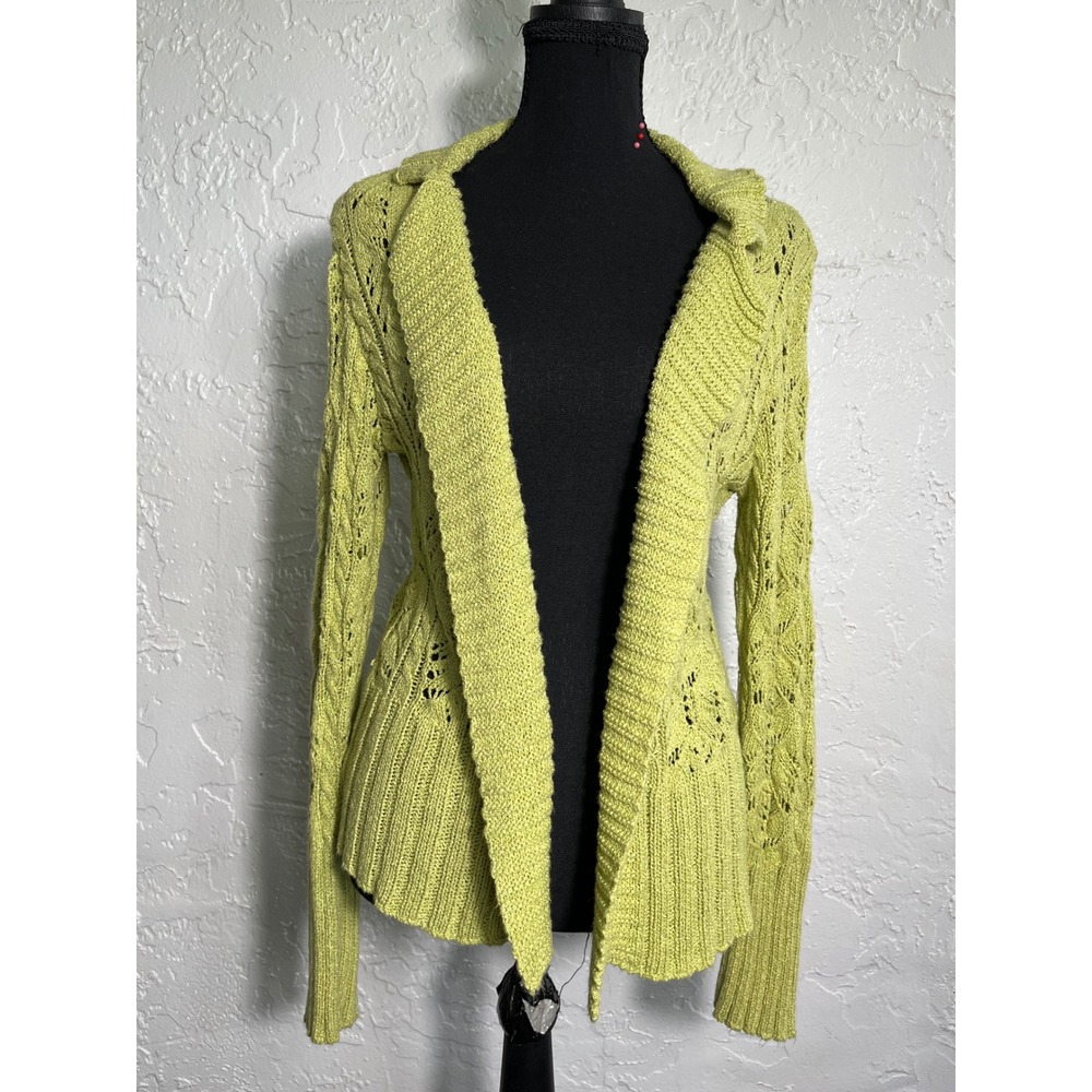 NAMES Green 100% Cotton Open Knit Cardigan XS S Hooded Boho Crochet Sweater